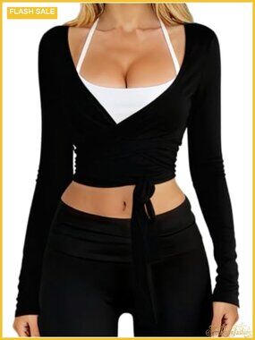 Danysu V Neck Wrap Top Long Sleeve Ballet Pilates Workout Shirt